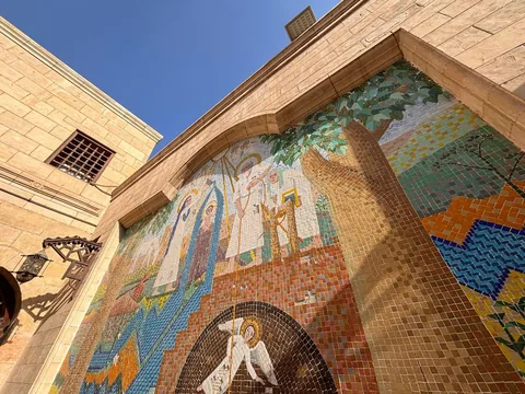 Mosaic of the Holy Family's flight into Egypt in Coptic Cairo.