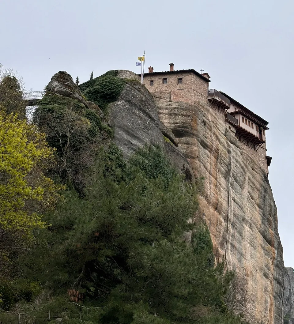 Roussanou Monastery on its sandstone cliff at Meteora.