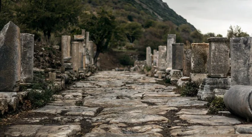 A marble street lined with ruins at Ephesus