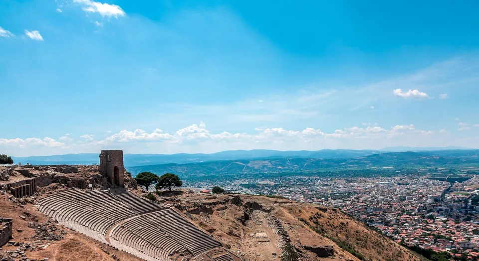 The steep theatre of Pergamum above modern Bergama
