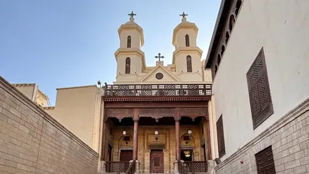 The Hanging Church in Old Cairo, its twin towers above the entrance stair.