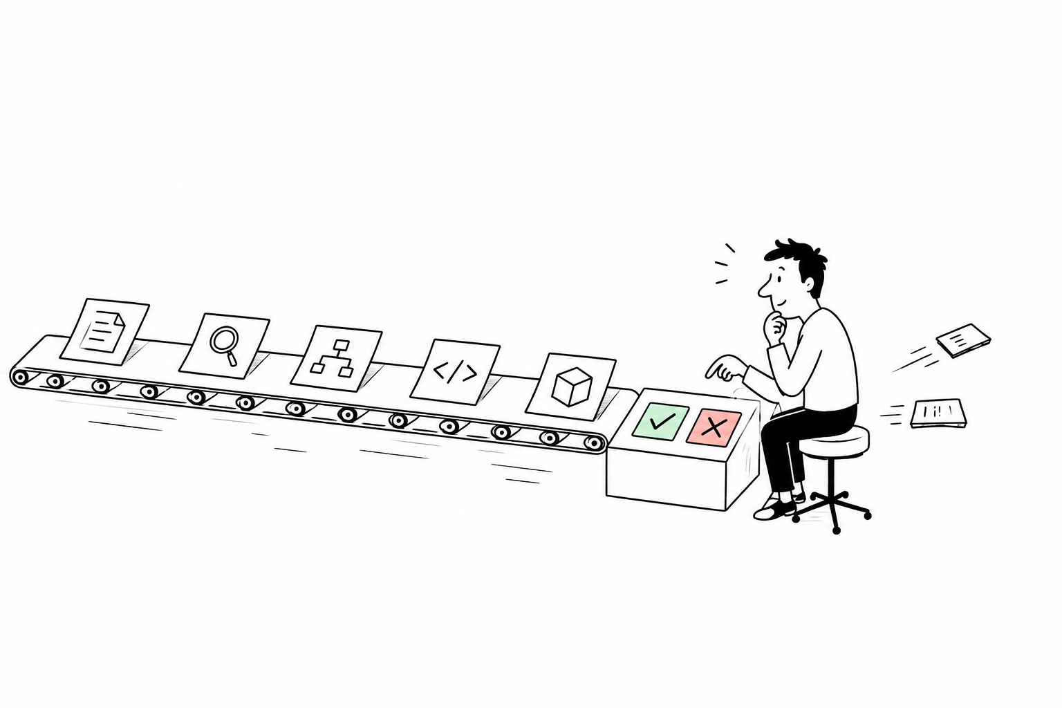 Illustration of a person sitting at the end of an assembly line of AI output, choosing approve or reject
