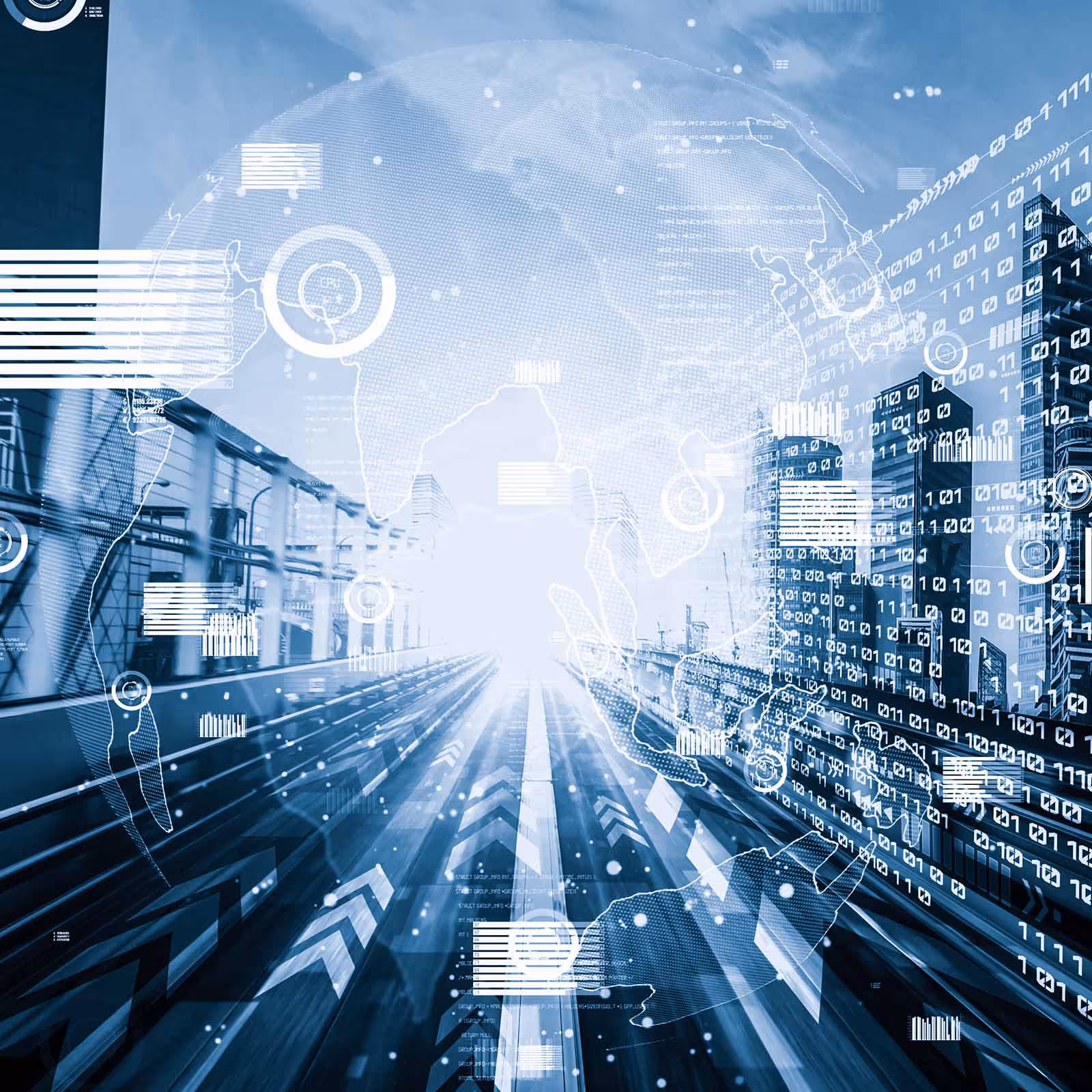 Analytics and vague imagery of raw data sprawling across a futuristic road