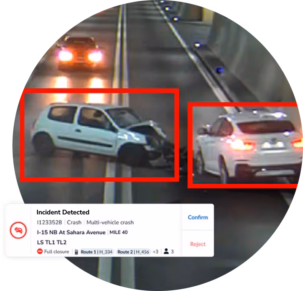 Cars in a tunnel just involved in a head on collision. Red boxes are drawn around the two offending vehicles.