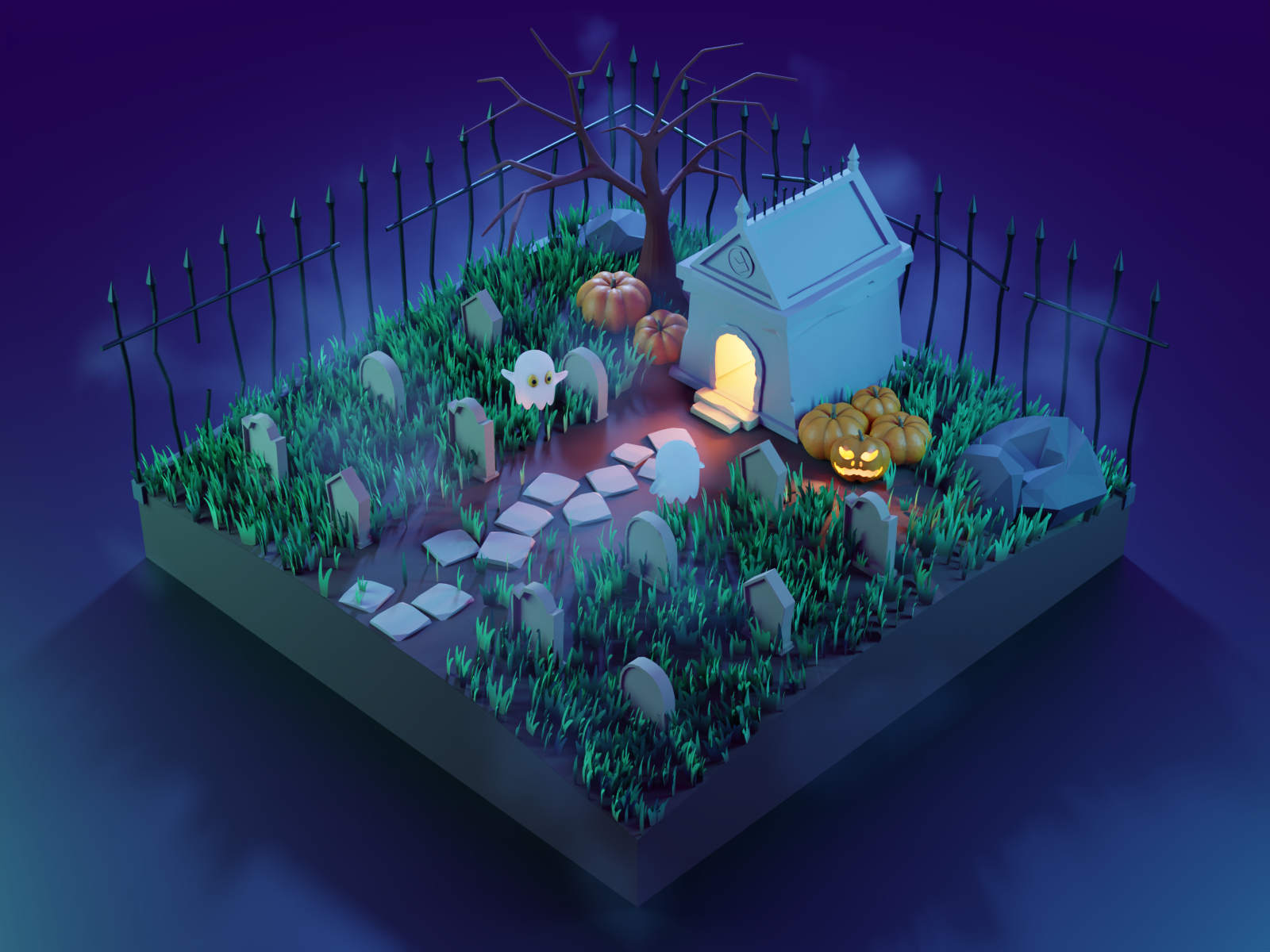 Image showing a 3D render made for Halloween 2022 titled "Party! At the Mausoleum"