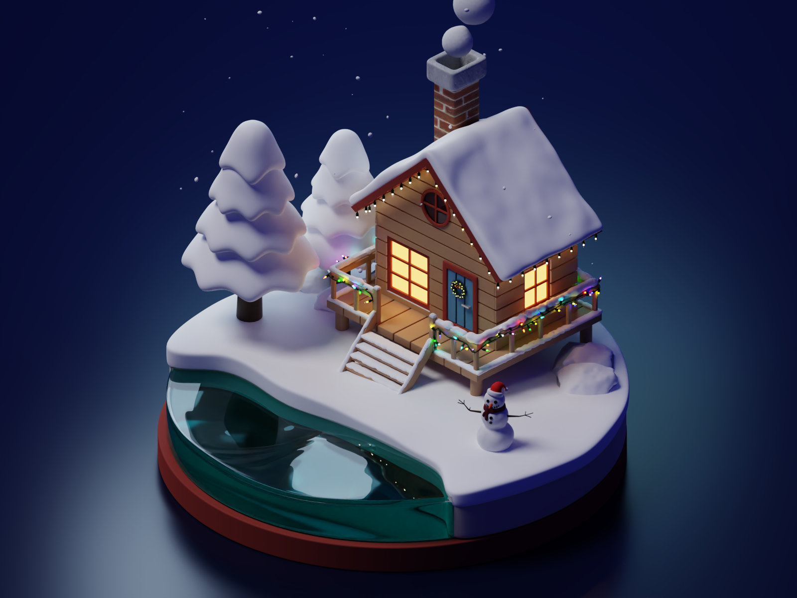 Image showing a stylized 3D render of an outdoors winter cabin scene for Christmas 2022