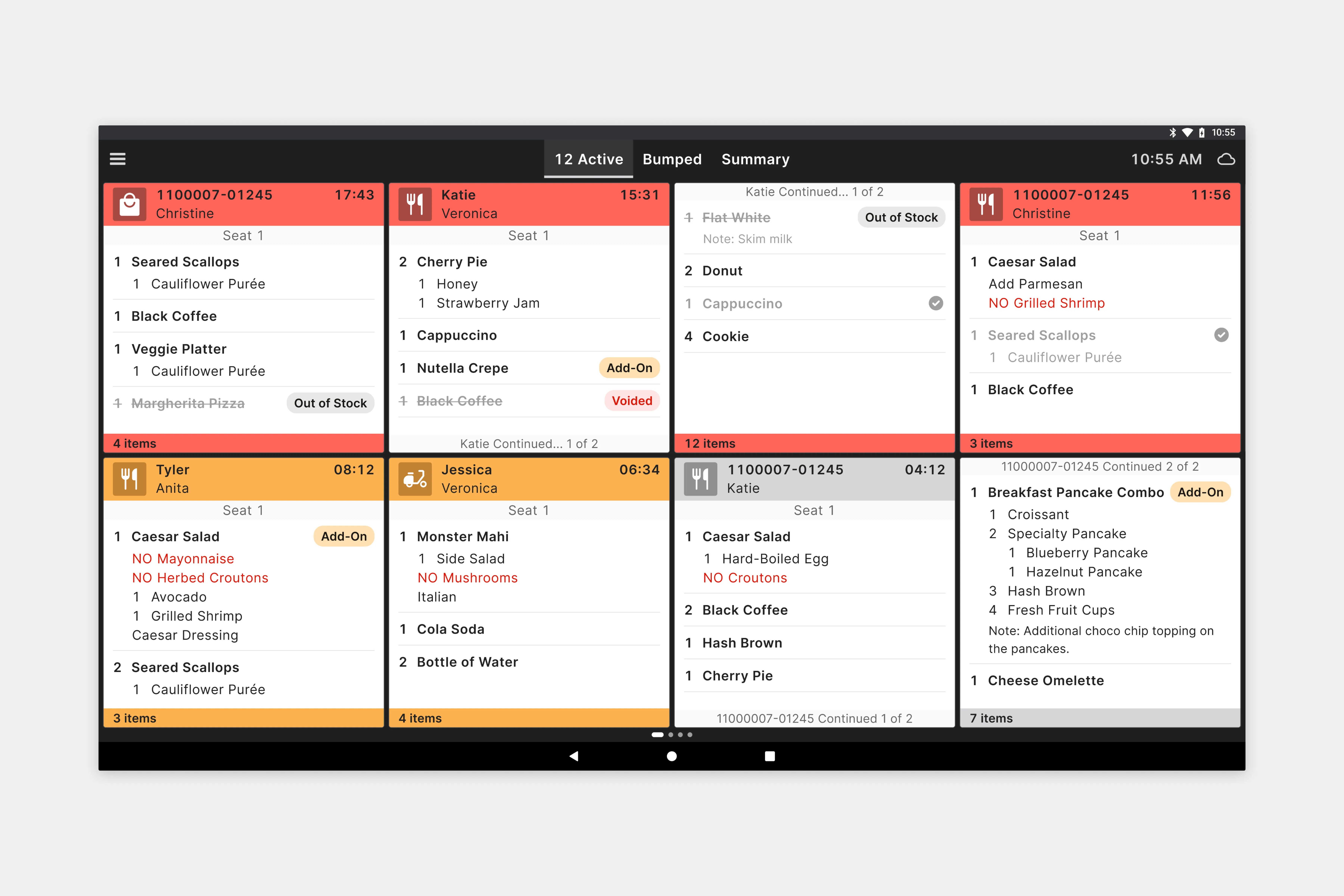 Image showing the Active View for a restaurant Kitchen Display System.