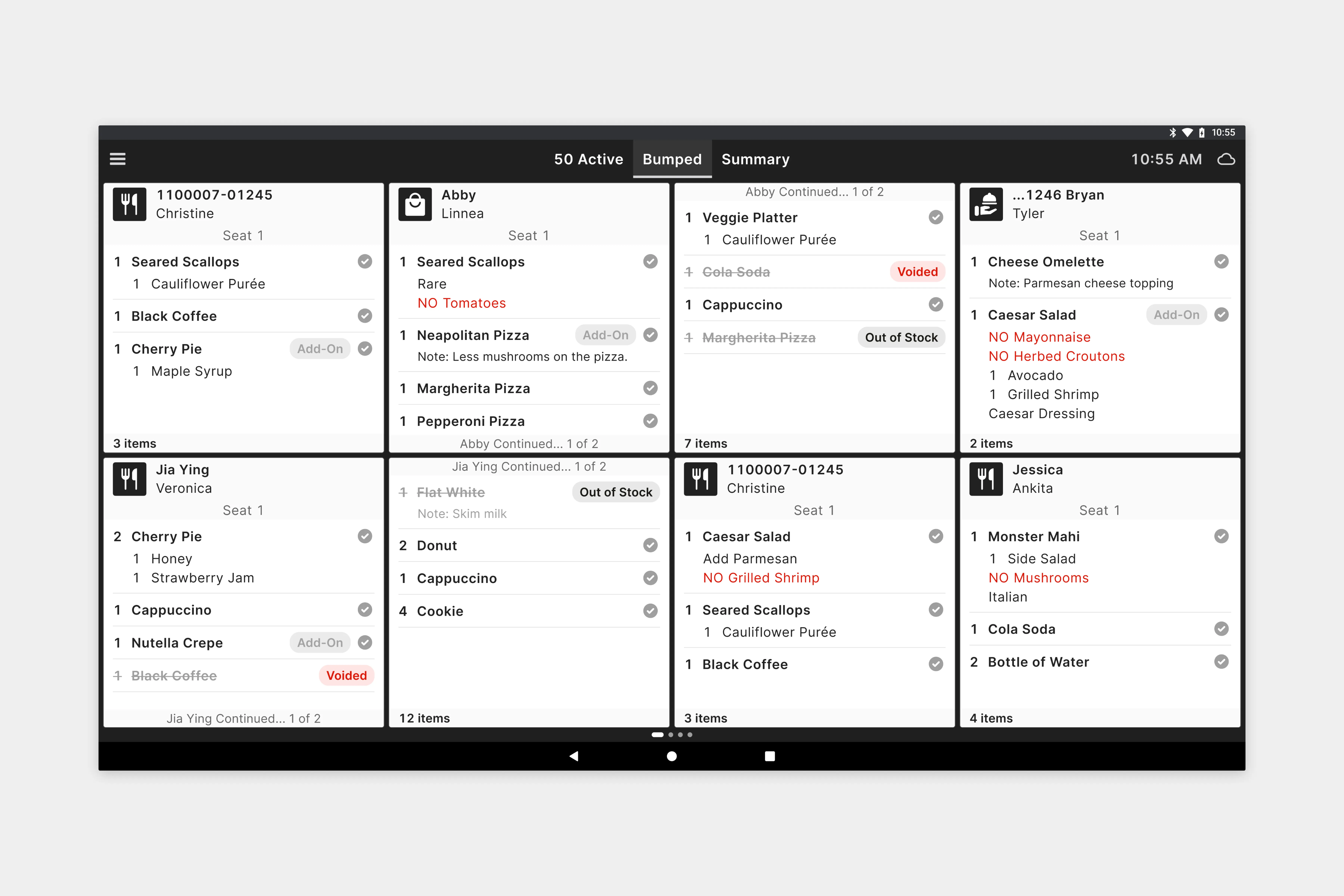 Image showing the Bumped View for a restaurant Kitchen Display System.