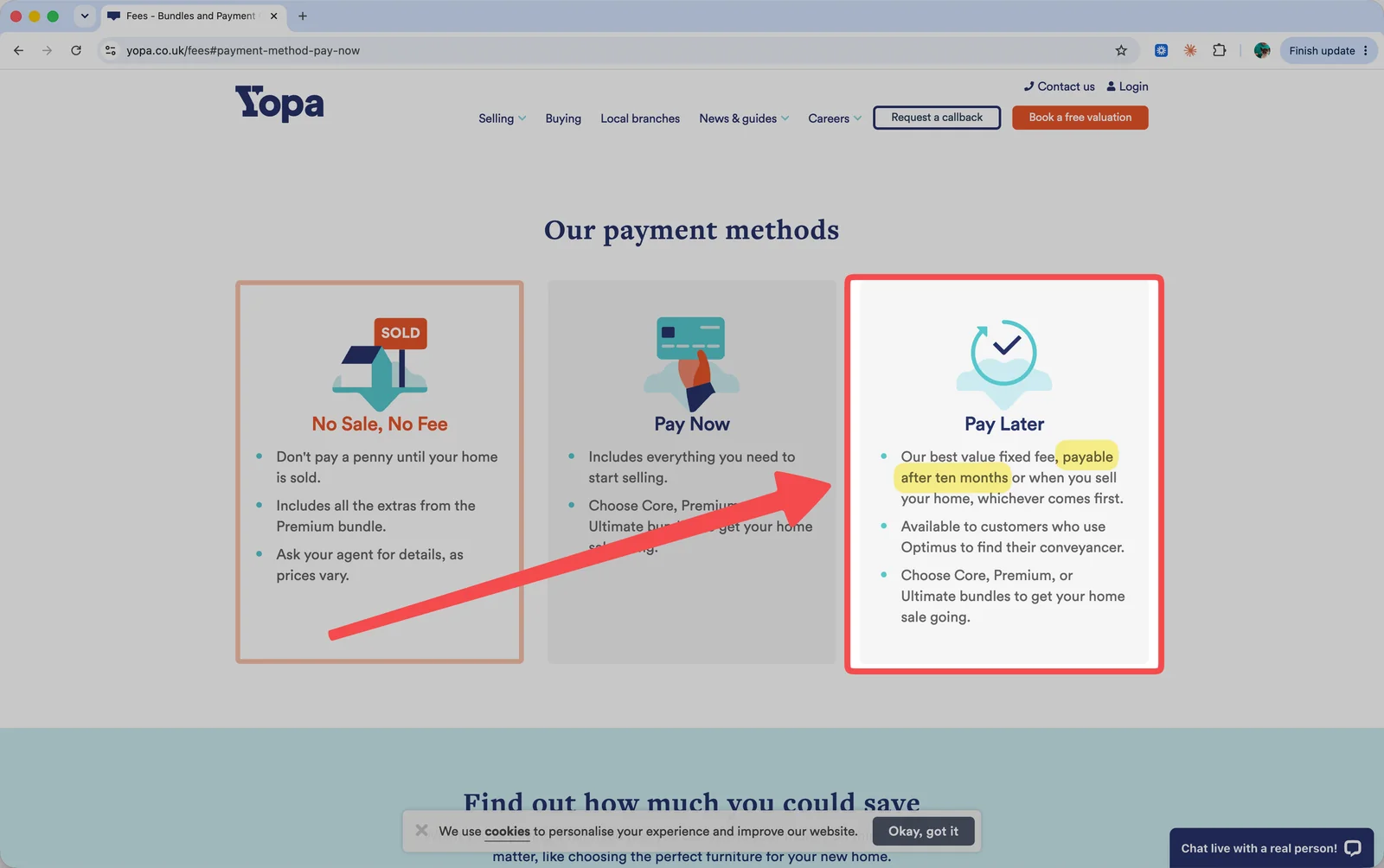 Yopa's fees page showing the Pay Later option is payable after ten months or when you sell, whichever comes first
