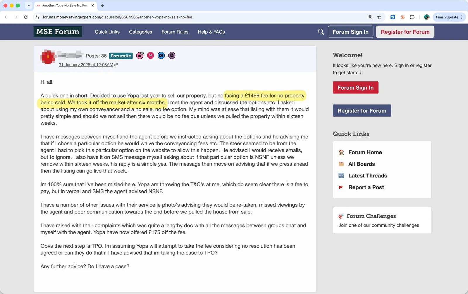 MoneySavingExpert forum post from a seller facing a £1,499 Yopa fee with no property sold