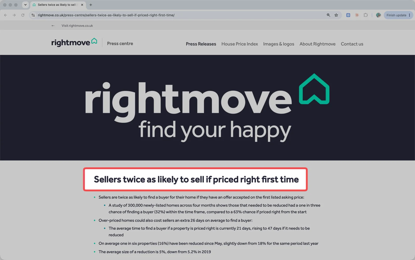 Rightmove press release headlined sellers twice as likely to sell if priced right first time