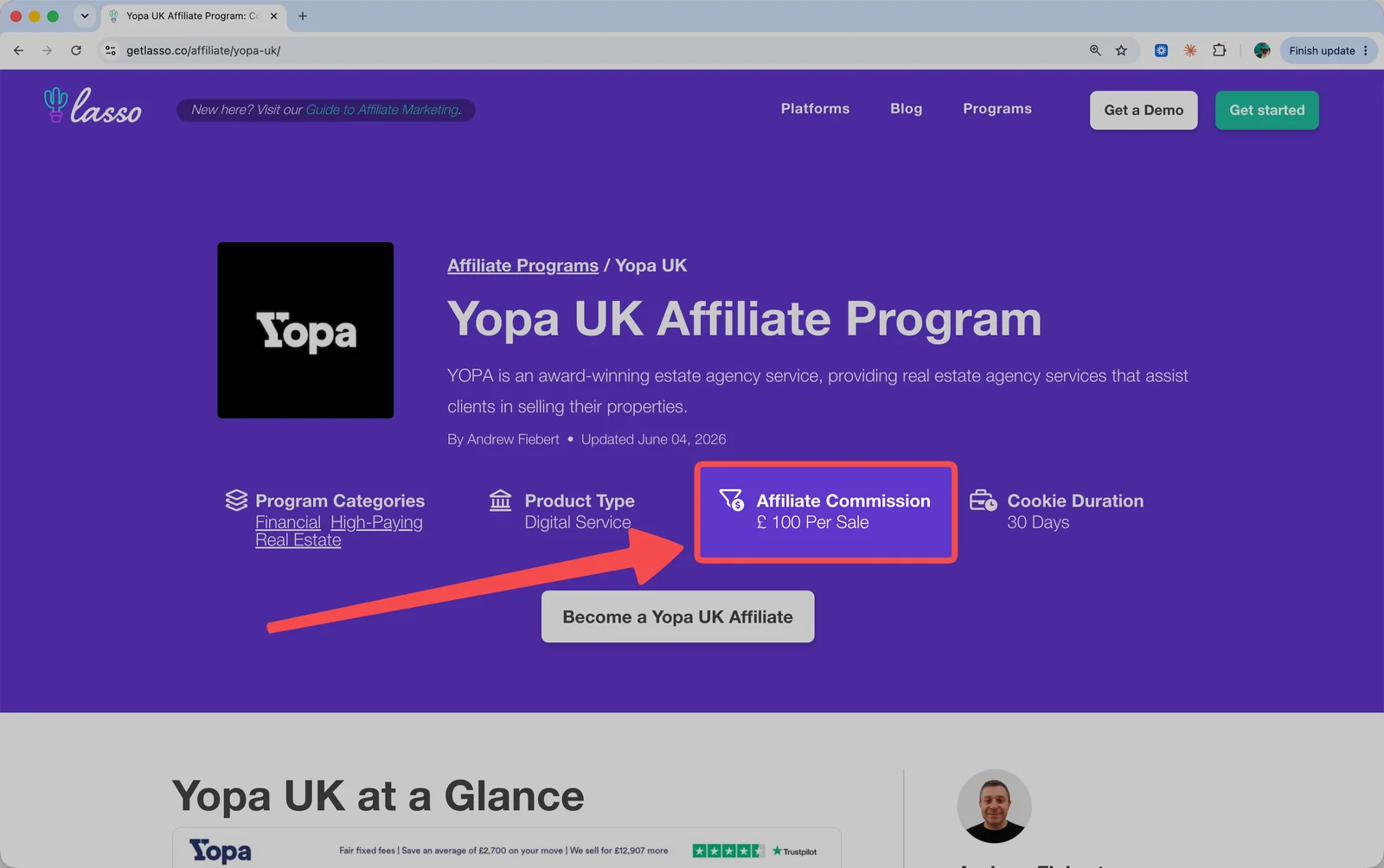 Public affiliate directory listing for the Yopa UK affiliate programme, showing a commission of £100 per sale