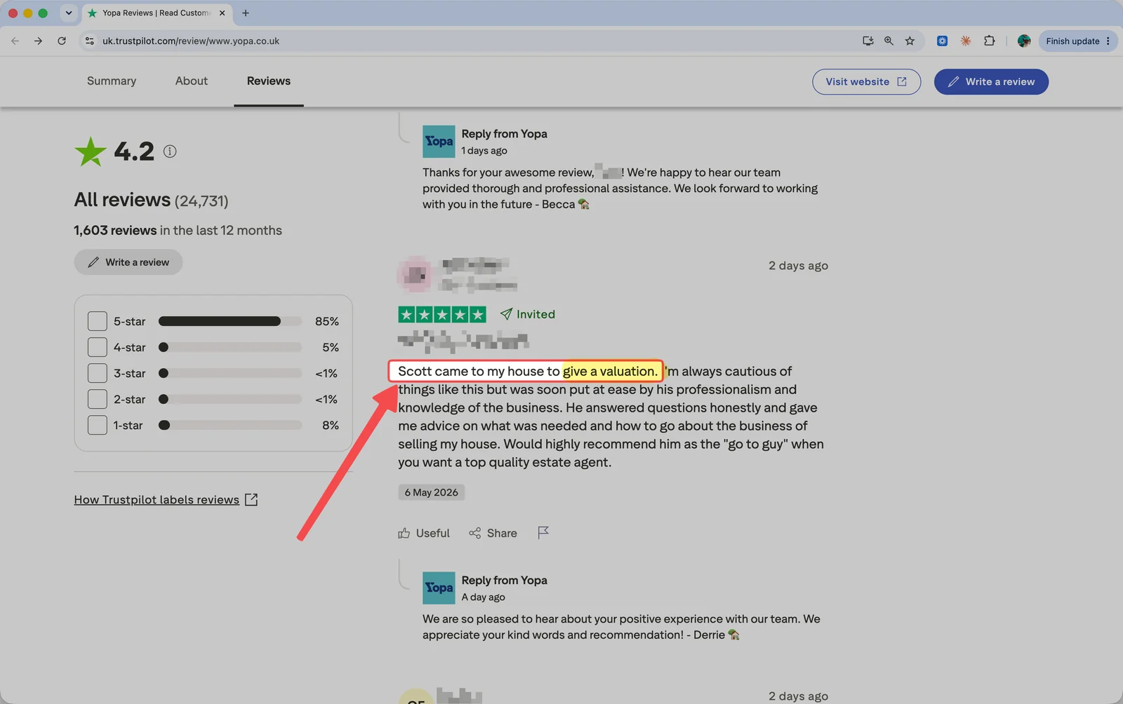 Five-star Trustpilot review of Yopa describing a valuation visit rather than a completed sale