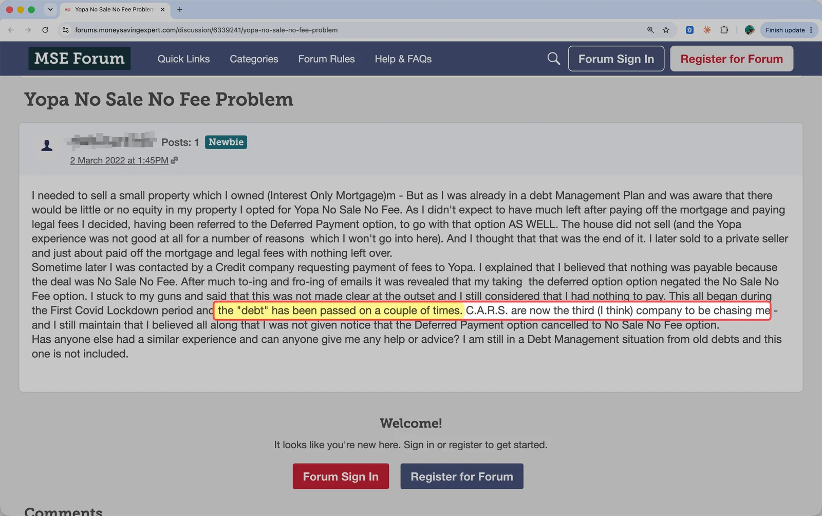 MoneySavingExpert post describing a Yopa fee being passed between debt collection agencies after no sale