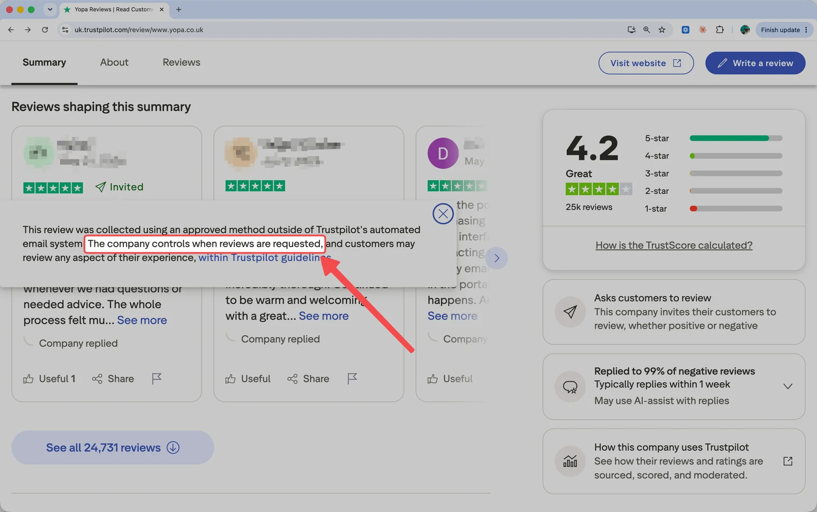 Trustpilot notice on a Yopa review stating the company controls when reviews are requested