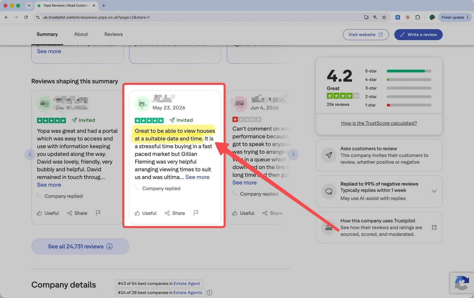 Five-star Trustpilot review of Yopa left by a buyer about arranging viewings