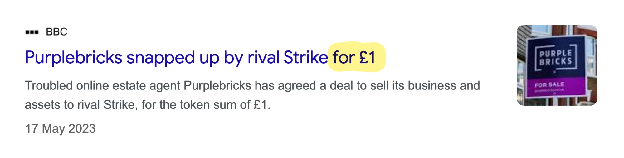 Screenshot of a news story showing Purple Bricks being bought for just £1 in May 2023 