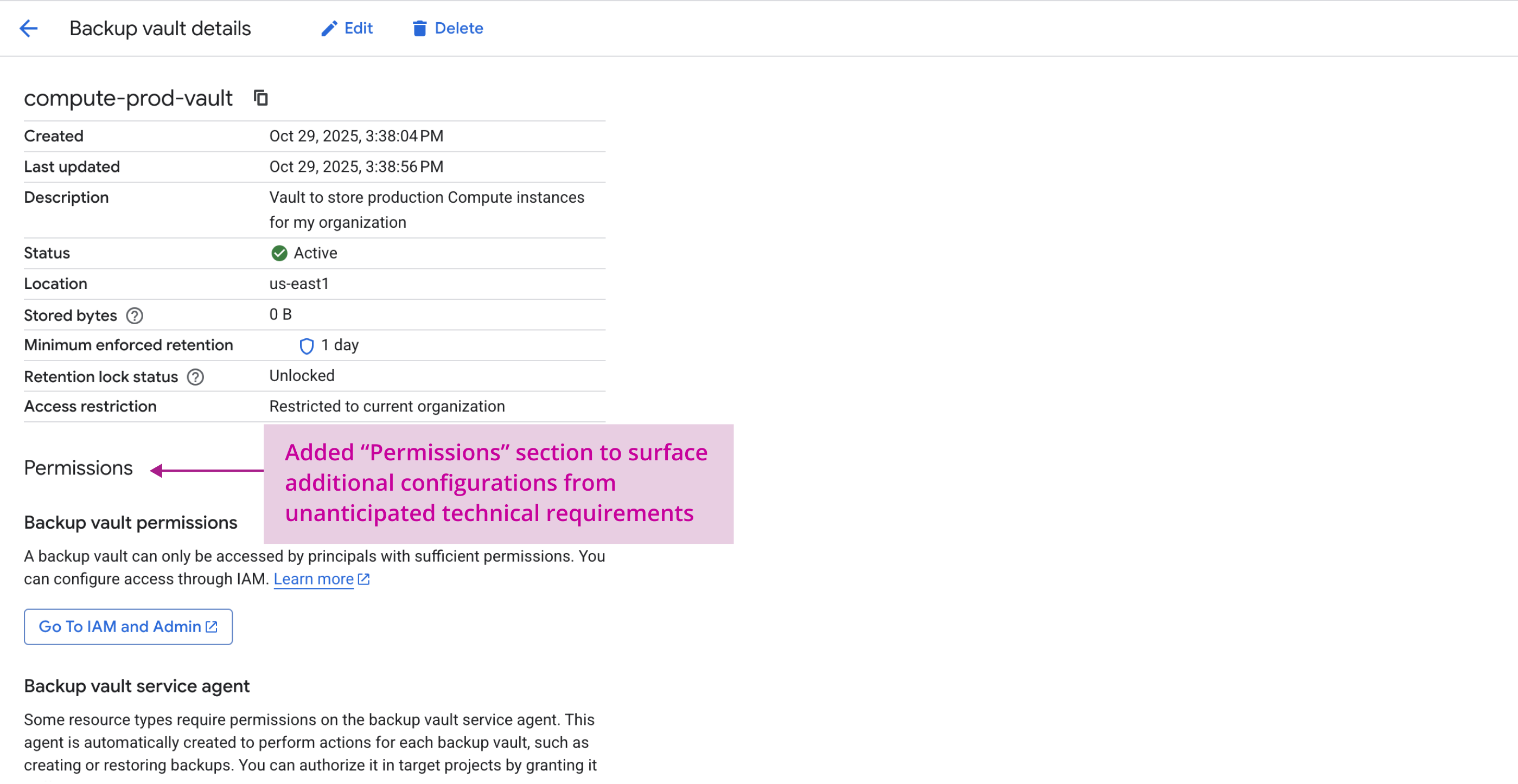 Backup vault details for compute-prod-vault showing creation date Oct 29, 2025, status Active, location us-east1, with permissions section added for vault configurations.