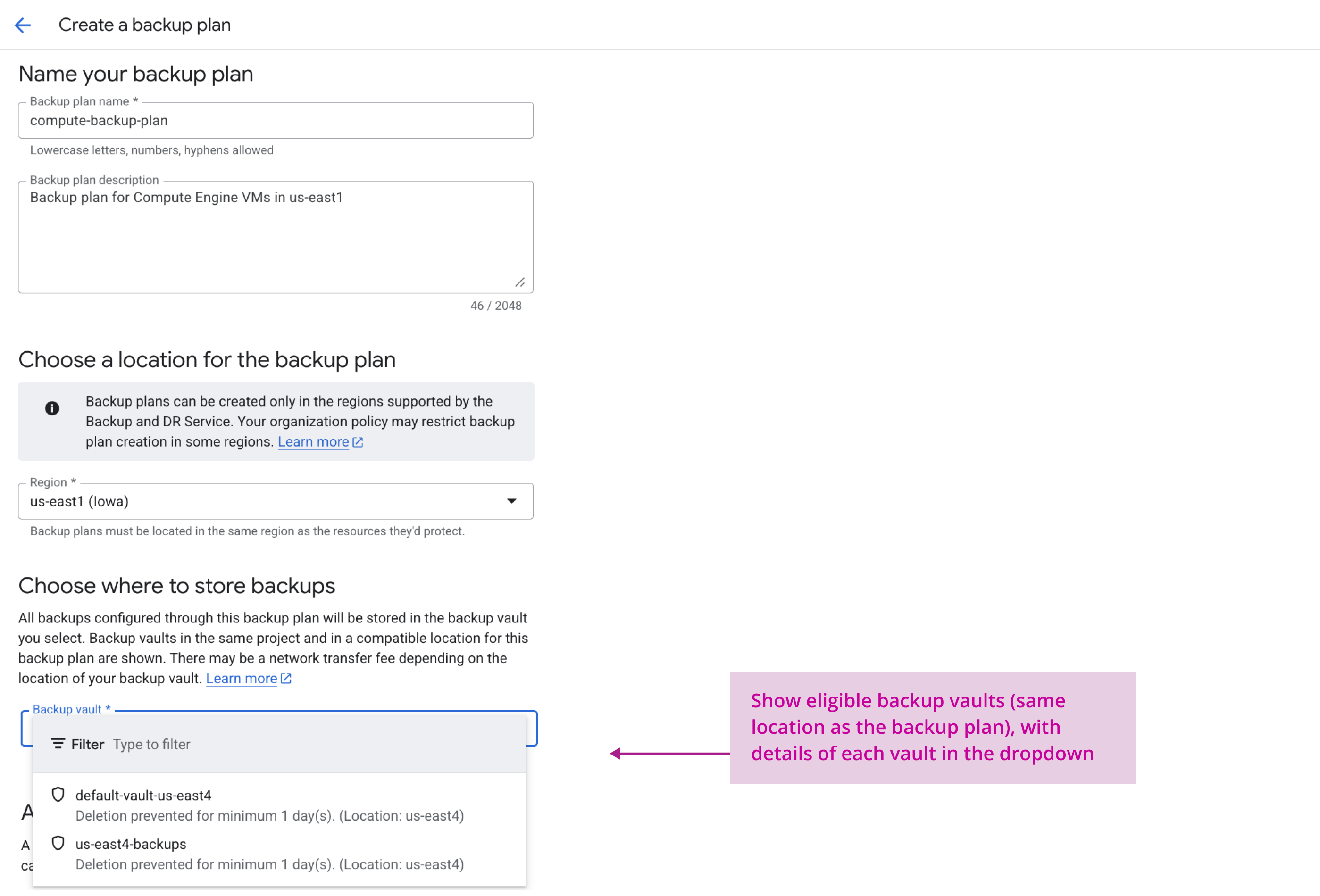 User interface screen titled 'Create a backup plan' with fields to name the plan, choose a region, and select a backup vault from a dropdown showing vault names and deletion rules.