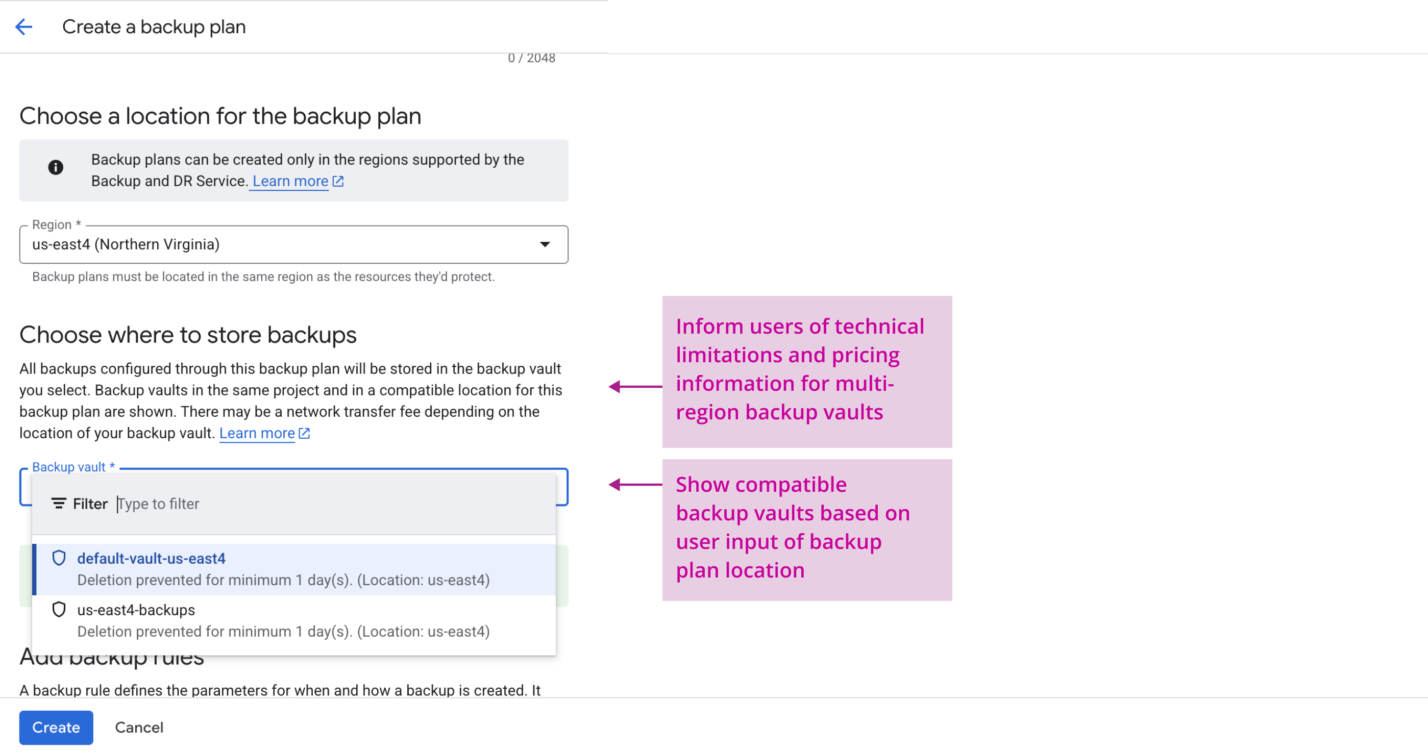 User interface for creating a backup plan with region selection set to us-east4 (Northern Virginia), explanation about backup vault storage, and a dropdown showing compatible backup vault options with deletion prevention details.
