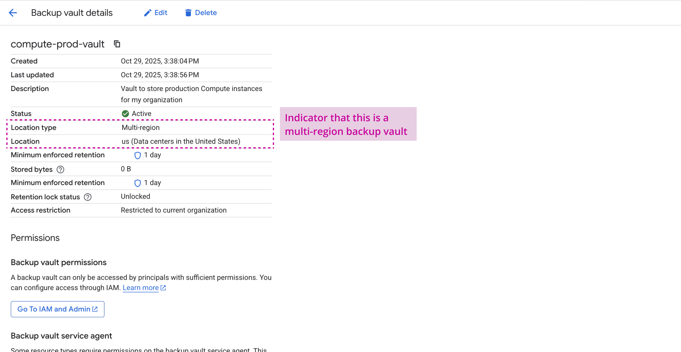Web interface for choosing data storage location with options for Region or Multi-region, a dropdown menu for multi-region selections showing Americas, Asia Pacific, Europe, and an overlay panel detailing resource restrictions for multi-region backups by resource type.