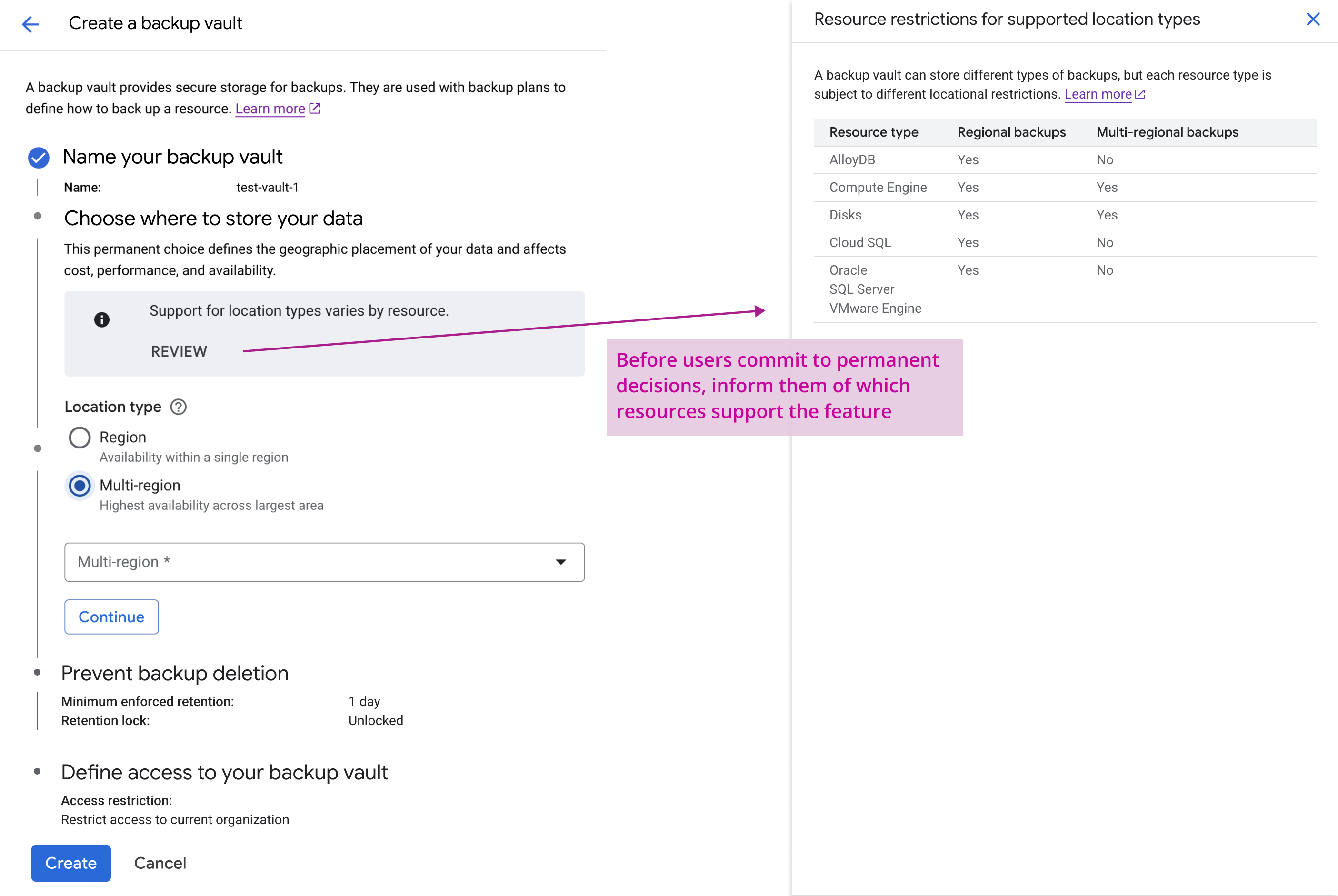 Web interface for choosing data storage location with options for Region or Multi-region, a dropdown menu for multi-region selections showing Americas, Asia Pacific, Europe, and an overlay panel detailing resource restrictions for multi-region backups by resource type.