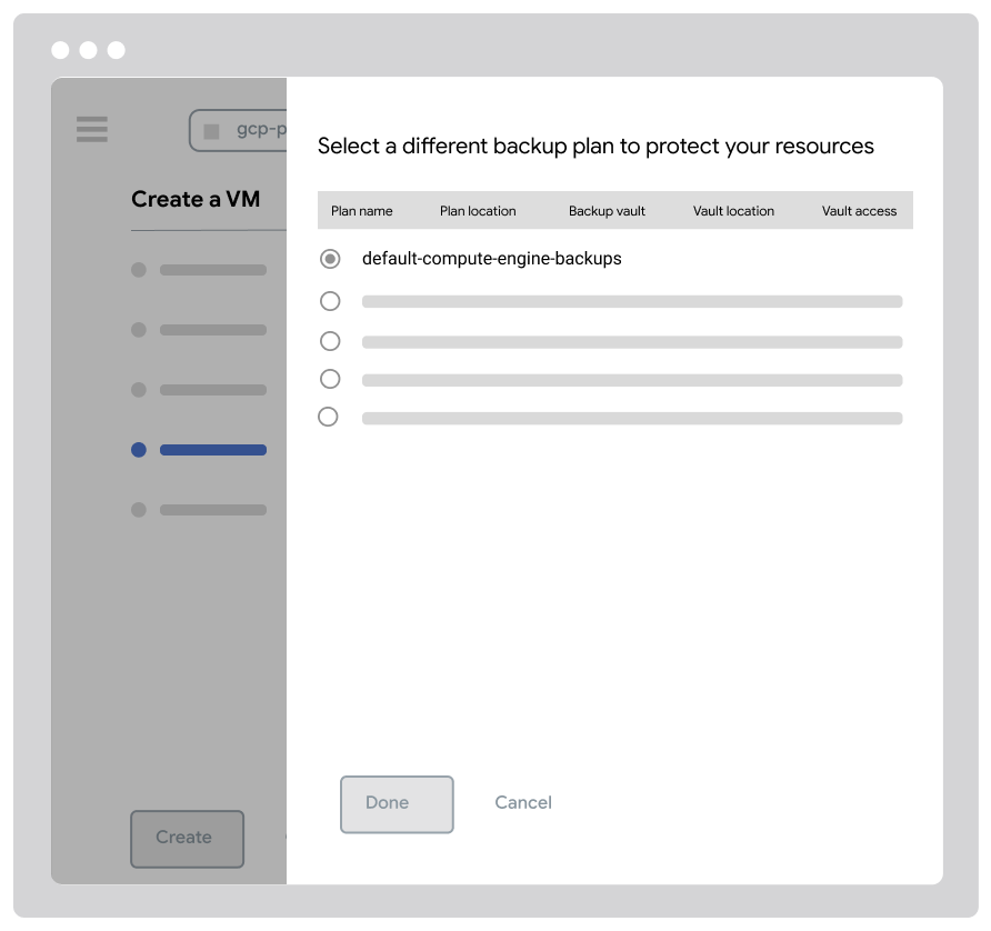 Backup vault details page showing vault name compute-prod-vault, creation and update timestamps on October 29, 2024, description as vault to store production Compute instances, status active, new Location type metadata set to Multi-region, location in US data centers, stored bytes zero, minimum backup retention one day, retention lock unlocked, and access restricted to current organization.