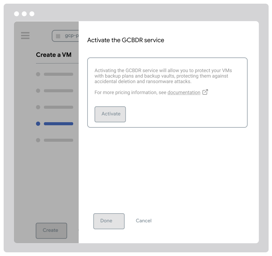 Backup vault details page showing vault name compute-prod-vault, creation and update timestamps on October 29, 2024, description as vault to store production Compute instances, status active, new Location type metadata set to Multi-region, location in US data centers, stored bytes zero, minimum backup retention one day, retention lock unlocked, and access restricted to current organization.