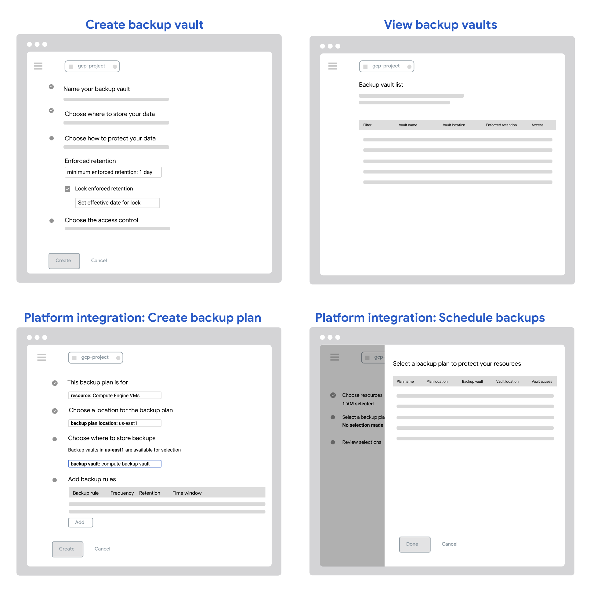 Backup vault details page showing vault name compute-prod-vault, creation and update timestamps on October 29, 2024, description as vault to store production Compute instances, status active, new Location type metadata set to Multi-region, location in US data centers, stored bytes zero, minimum backup retention one day, retention lock unlocked, and access restricted to current organization.