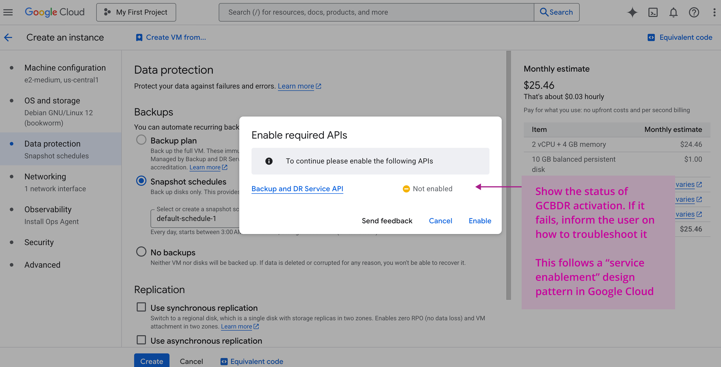 Interface for creating a backup vault with page sections to name the vault, choose geographic data storage location, set minimum enforced retention with an option to lock retention, and define access restrictions.
