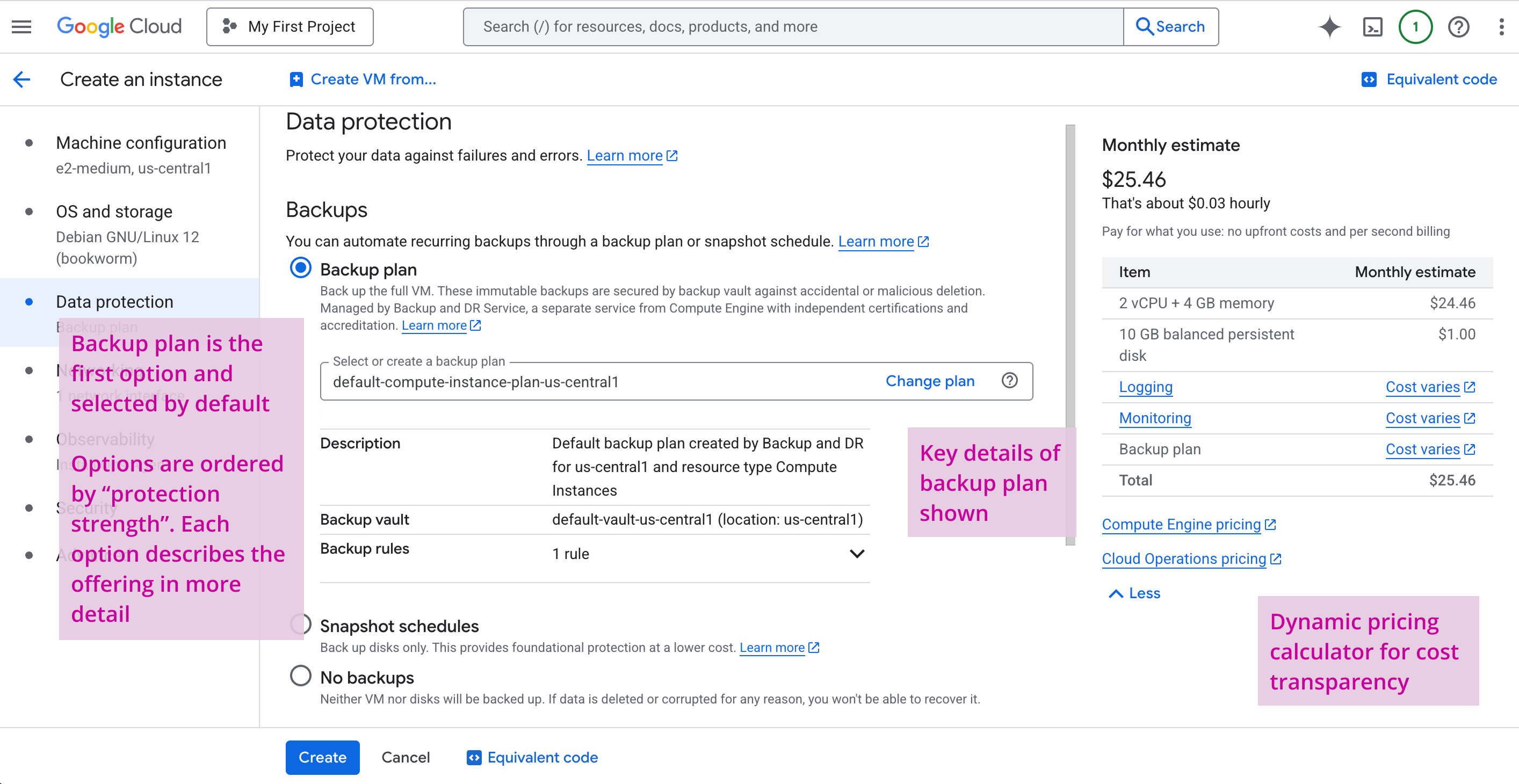 Concept design wireframe showing a list of three backup vaults with details such as name, description, created date, status, location, stored bytes, minimum enforced retention, and access restriction, along with a related actions section suggesting to create a backup plan.