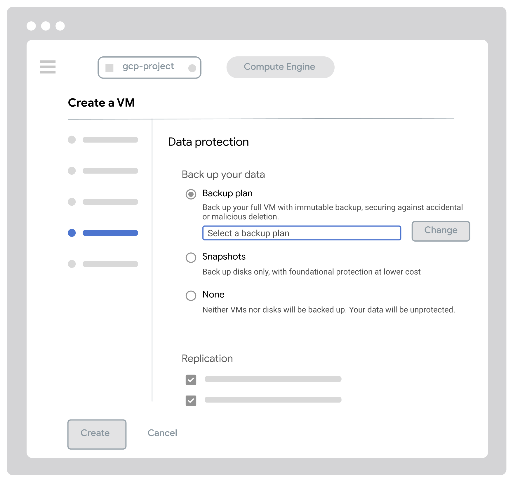 User interface for creating a backup plan with region selection set to us-east4, options to choose backup vault location type between regional and multi-regional, a tooltip explaining prerequisite selection, and a dropdown listing compatible multi-region backup vaults.
