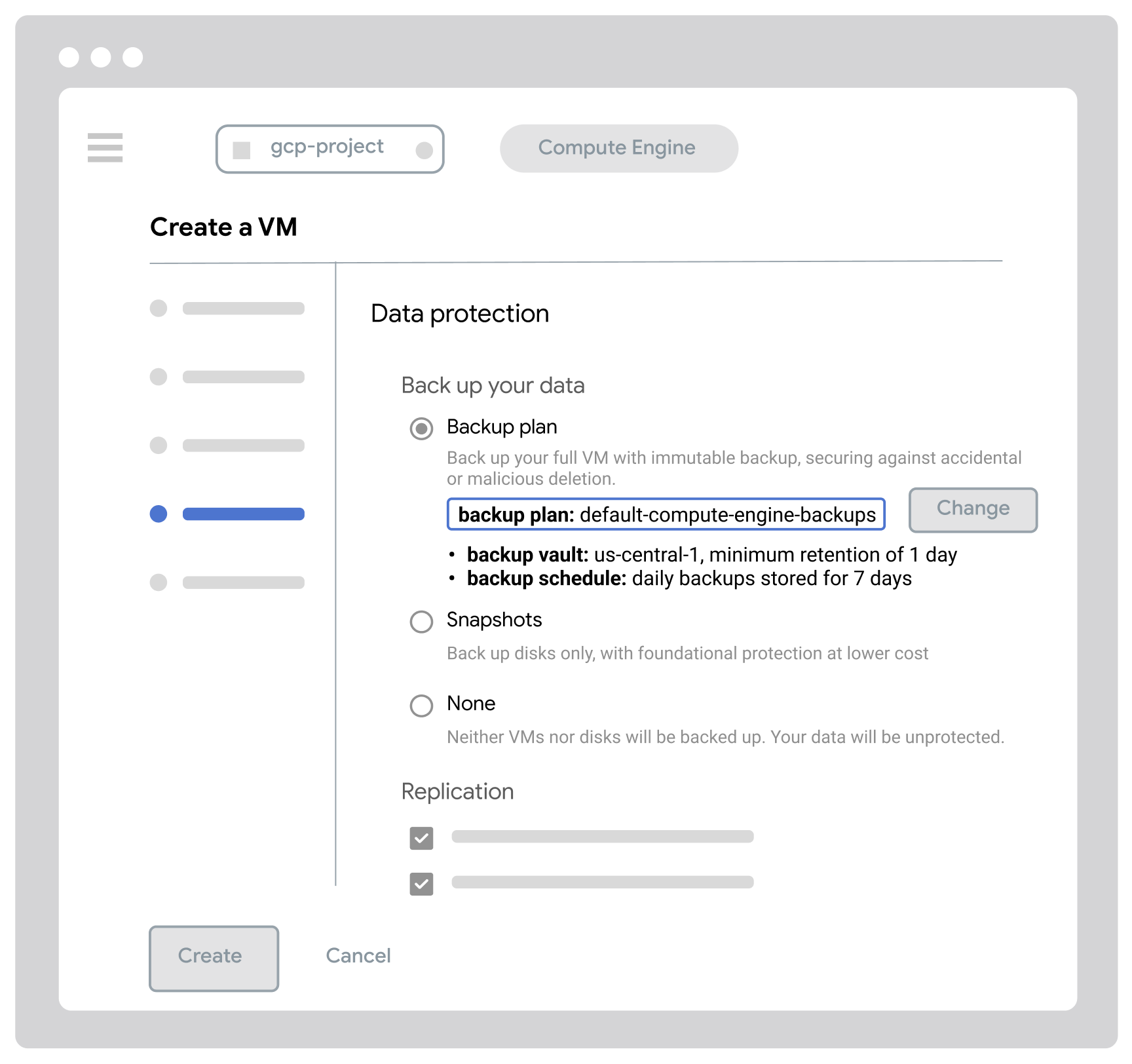 Backup vault details page showing vault name compute-prod-vault, creation and update timestamps on October 29, 2024, description as vault to store production Compute instances, status active, new Location type metadata set to Multi-region, location in US data centers, stored bytes zero, minimum backup retention one day, retention lock unlocked, and access restricted to current organization.