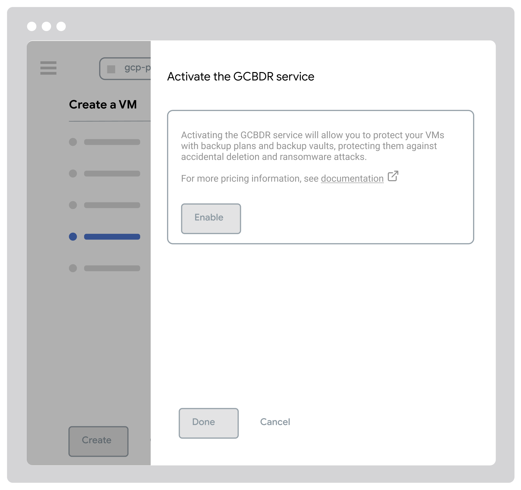 Backup vault details page showing vault name compute-prod-vault, creation and update timestamps on October 29, 2024, description as vault to store production Compute instances, status active, new Location type metadata set to Multi-region, location in US data centers, stored bytes zero, minimum backup retention one day, retention lock unlocked, and access restricted to current organization.