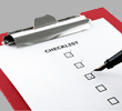 Clipboard with a checklist and a pen marking checkboxes on a red background.
