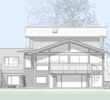 Front elevation architectural drawing of a two-story modern house with large windows and a covered porch.