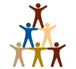 Illustration of five stylized human figures forming a pyramid representing teamwork.