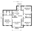 Floor plan of a house with three bedrooms, two bathrooms, kitchen, dining, living, laundry, porch.