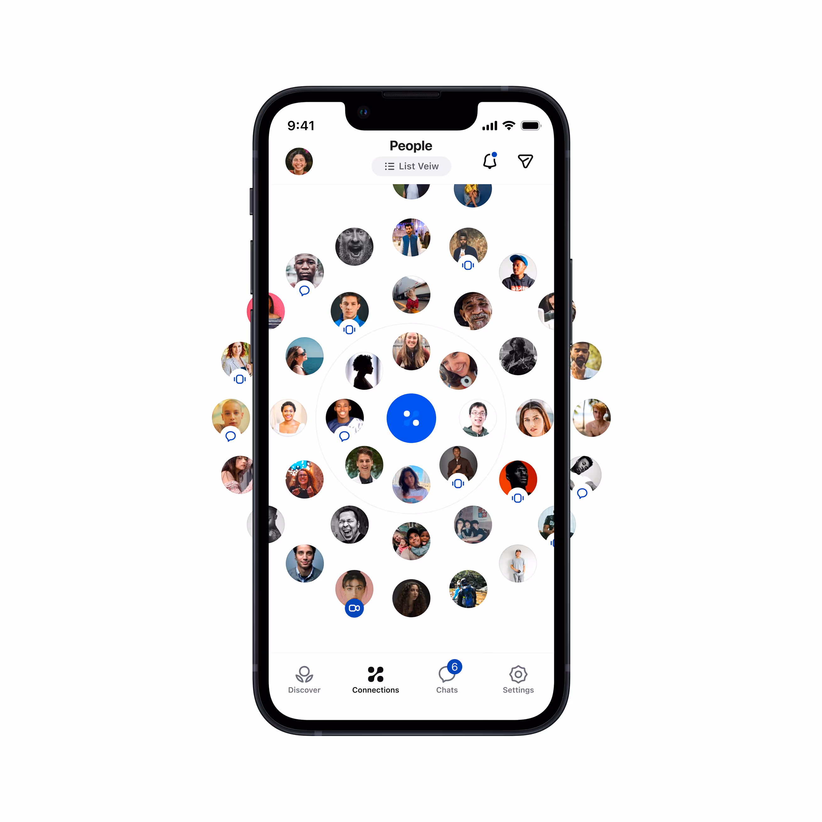 Concept UI: the Hæfen "People" screen on a phone, showing dozens of circular profile photos arranged in loose concentric rings around a central button; a spatial map of a person's connections, with closer contacts nearer the center. A bottom nav shows Discover, Contacts, Chats, and Settings.