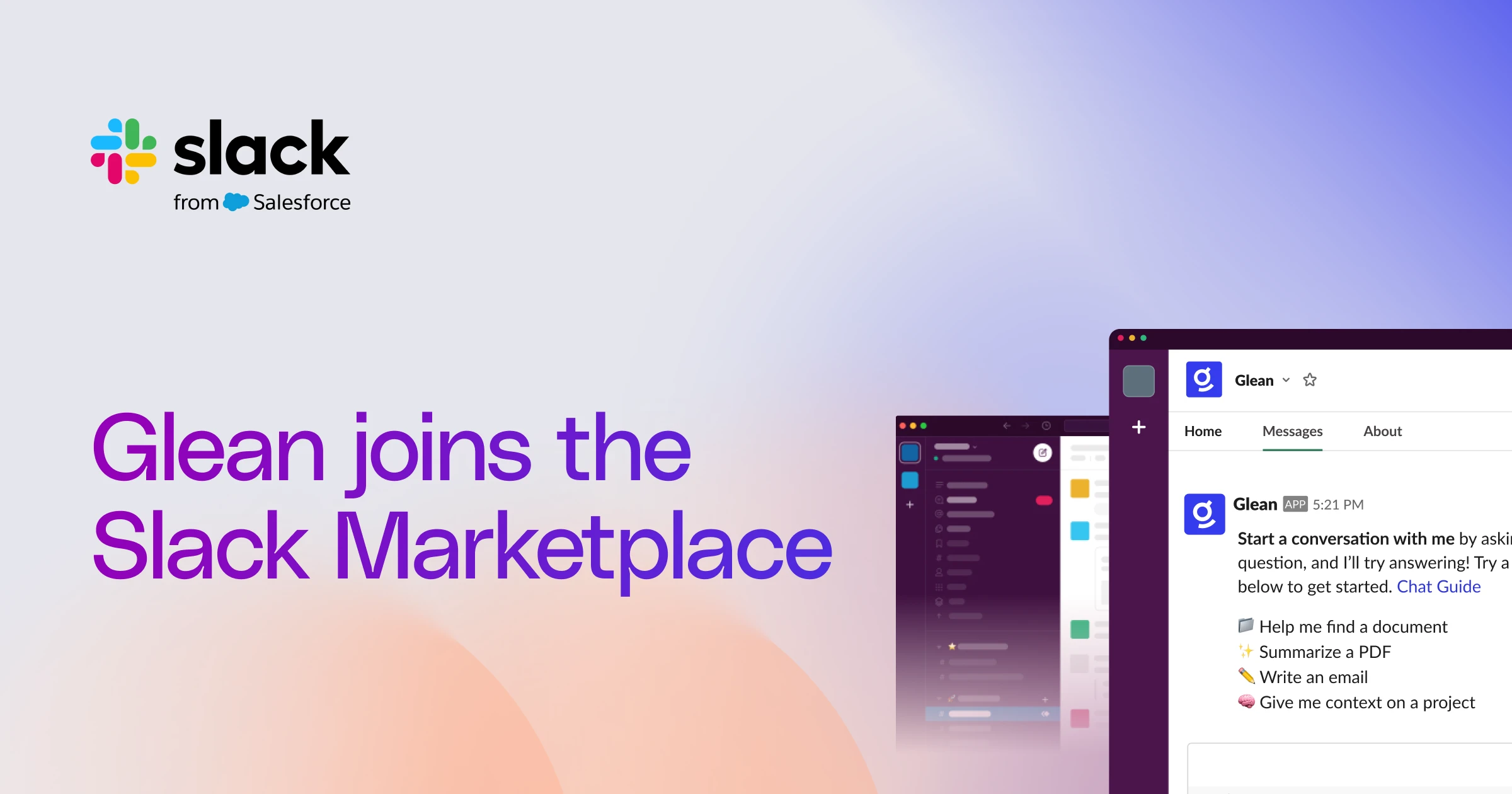 Glean joins the Slack Marketplace, making it easy to get all your enterprise context in Slack—and bring your Slack data into Glean