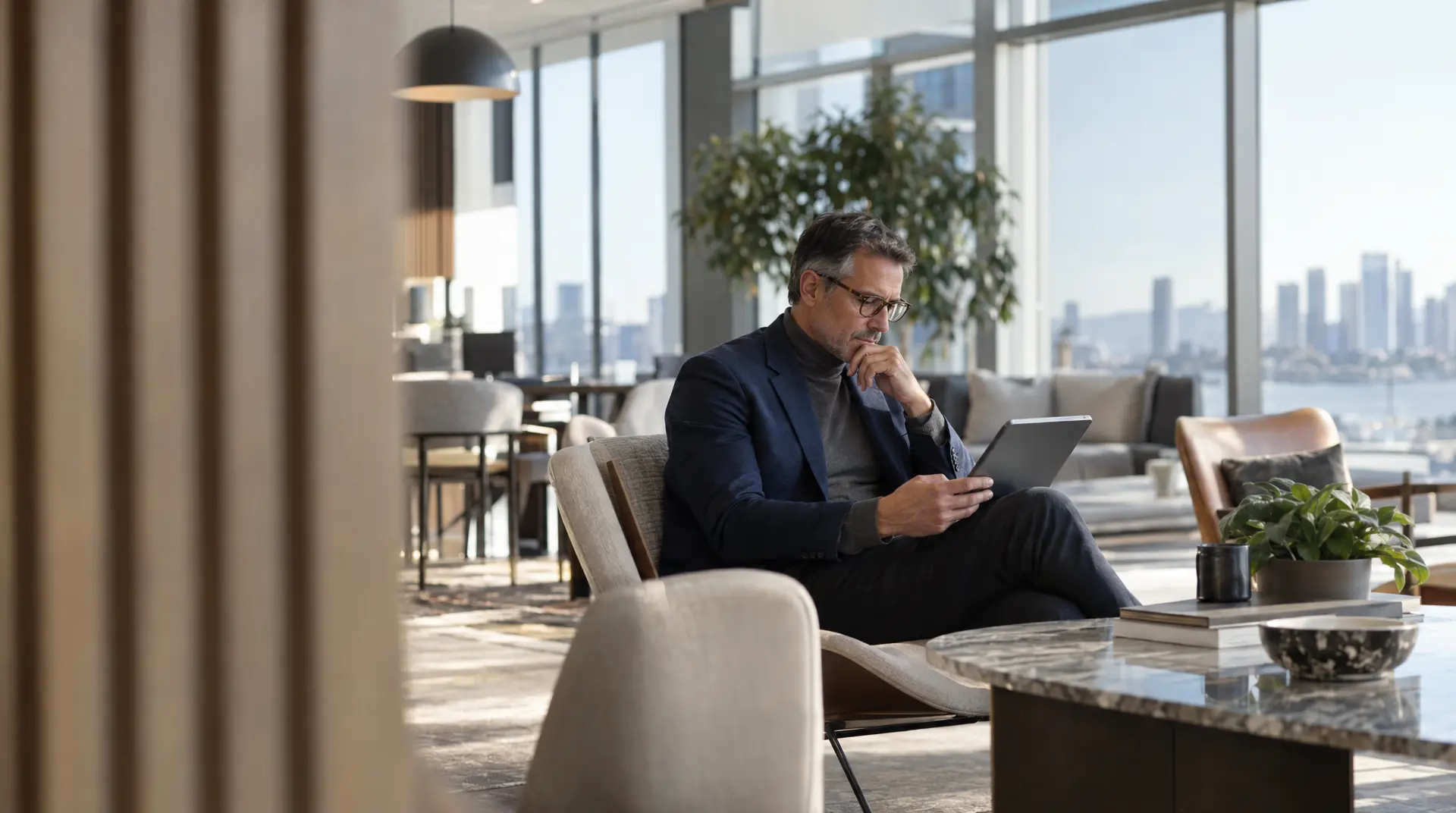 A professional in a modern office looks at a tablet while thinking, reflecting on business spend management.
