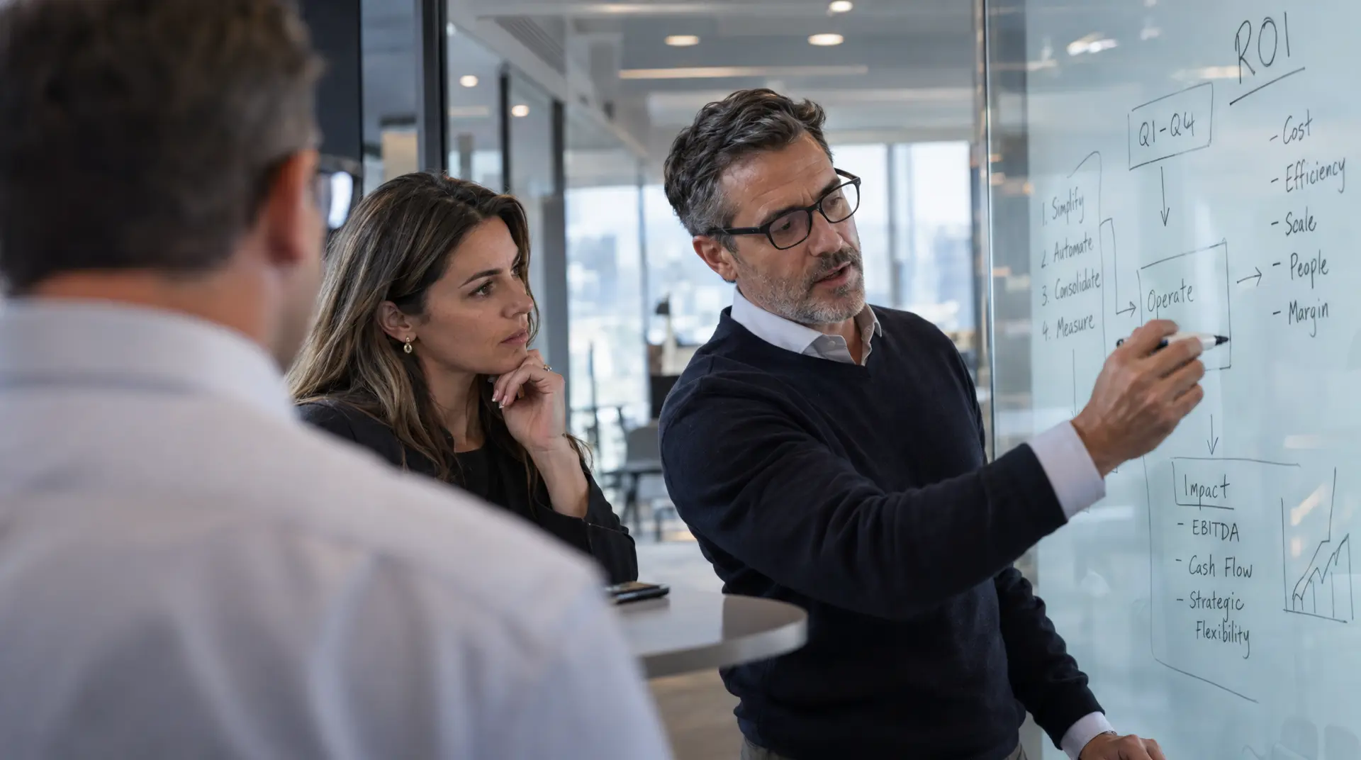 Business leaders meet in a modern office, discussing whiteboard diagrams labeled cost, efficiency, people, and margin for cost optimization strategies.