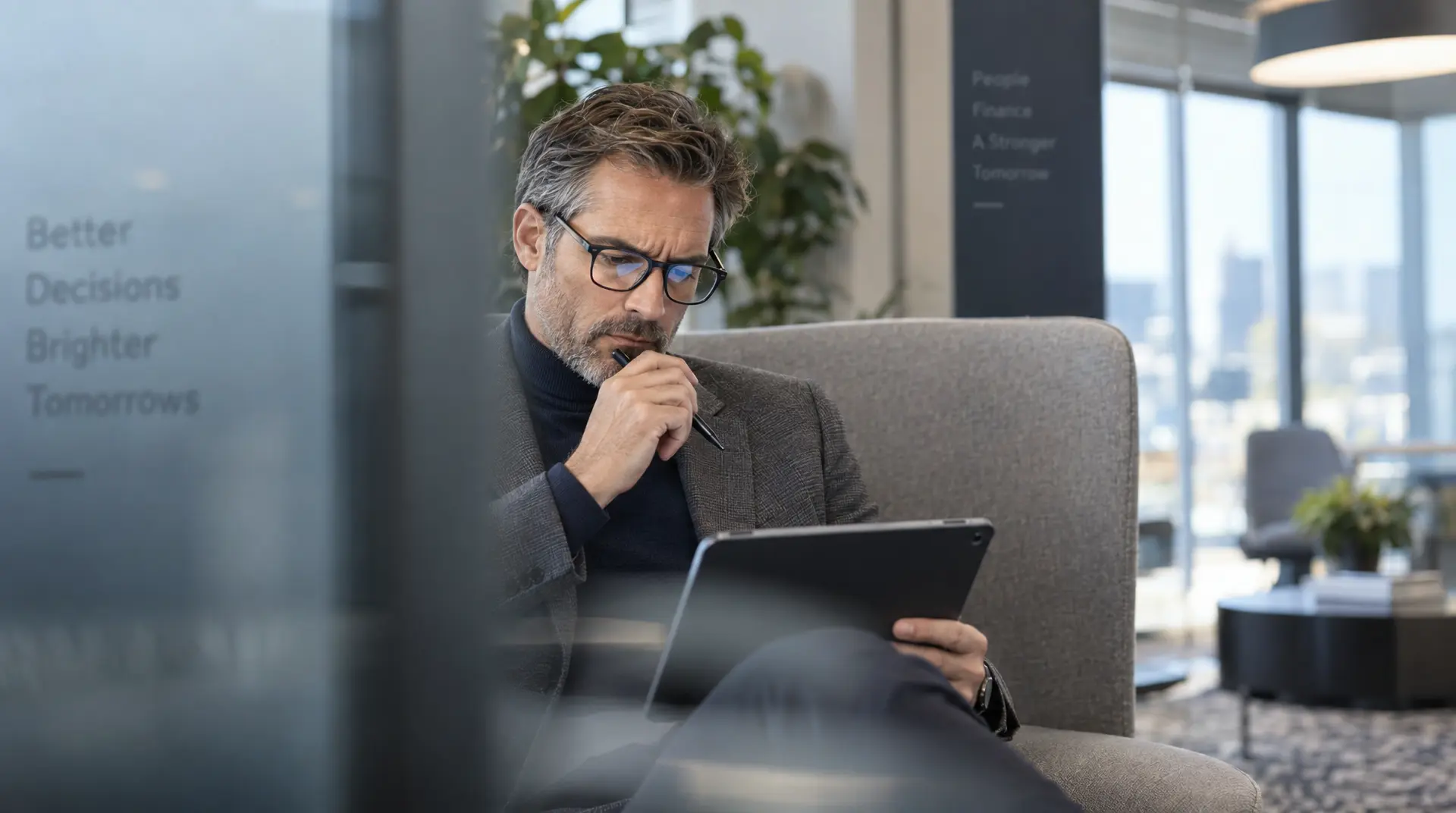 Office professional seated in a conference setting, holding a tablet while thinking with cost optimization and procurement analytics in mind.