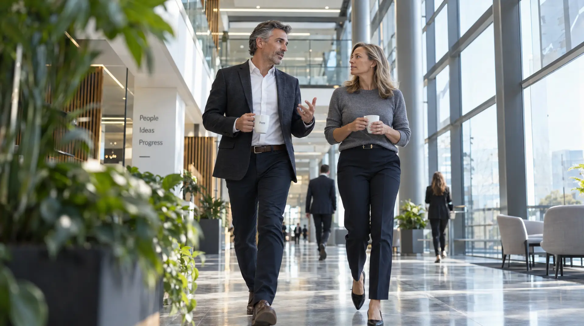 A business man and woman walk side by side in a bright corporate lobby, holding coffee cups while discussing business spend management, with the words "People Ideas Progress" visible on a wall panel.