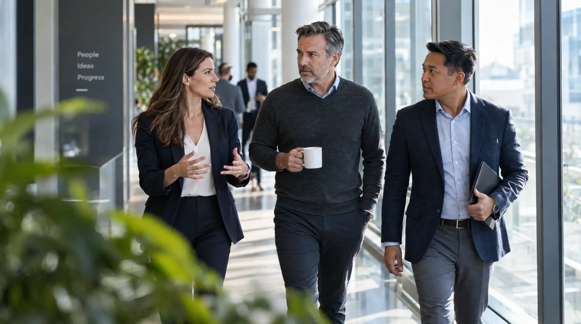 Three executives walk through a glass-walled lobby discussing procurement roi and vendor management best practices, holding a coffee mug and a folder.