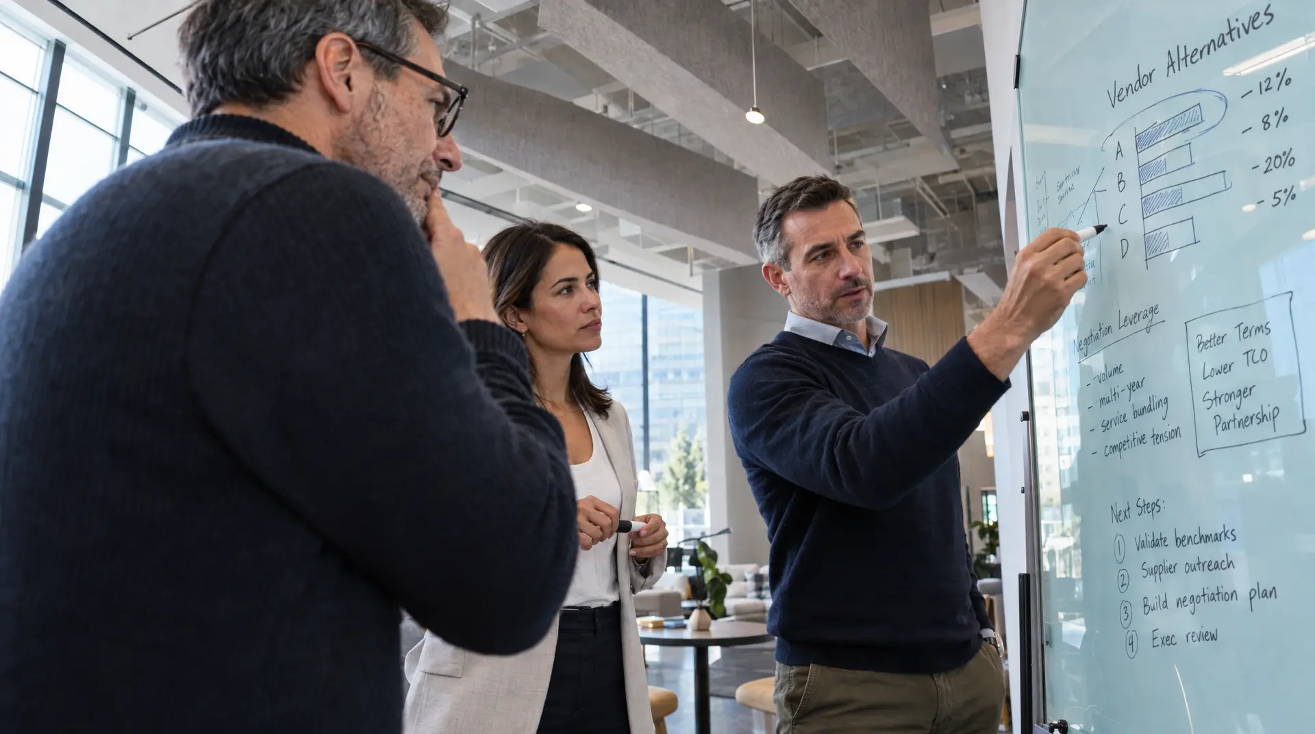 Three colleagues review a whiteboard headed "Vendor Alternatives," with comparison bars, percentage figures, negotiation leverage notes, and next steps.