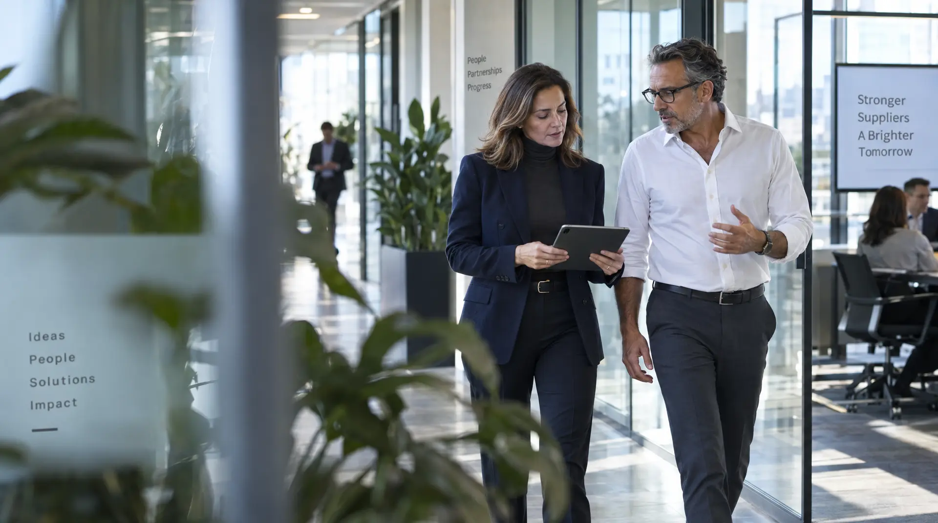 Two professionals walk through a bright corporate lobby reviewing information on tablets, with a wall display reading "Stronger Suppliers A Brighter Tomorrow" and a panel listing "Ideas," "People," "Solutions," and "Impact," reflecting vendor rather.
