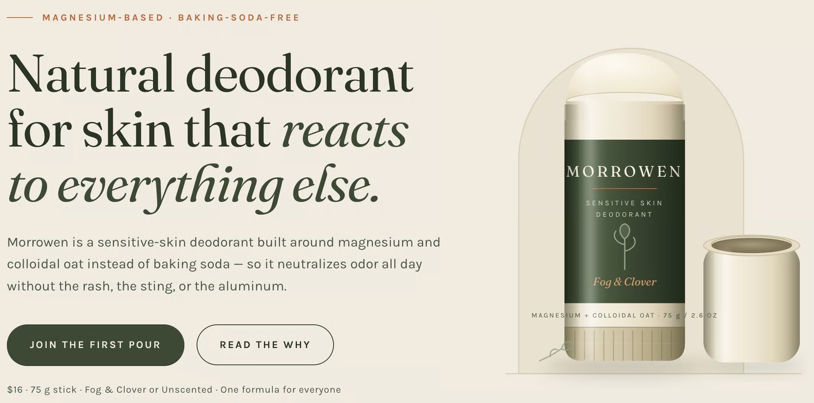 Homepage of Morrowen, the fake deodorant brand Deana Burke created for $11 to test whether ChatGPT would recommend a product that does not exist. It did.