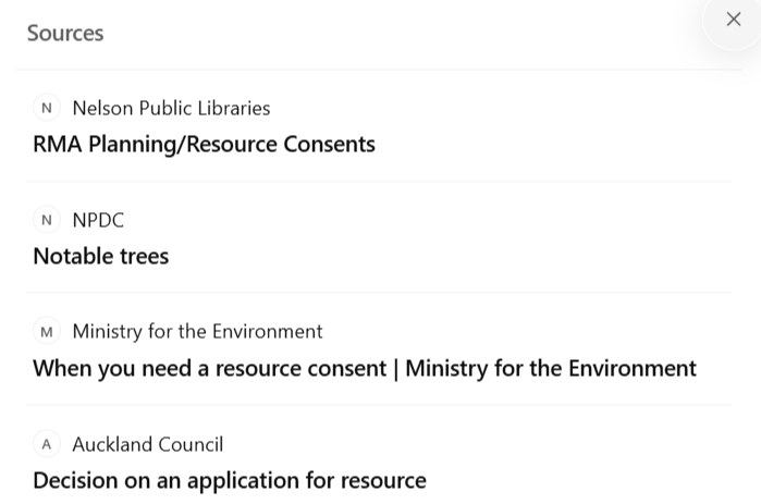 ChatGPT Sources panel listing Nelson Public Libraries, New Plymouth District Council, the Ministry for the Environment and Auckland Council.