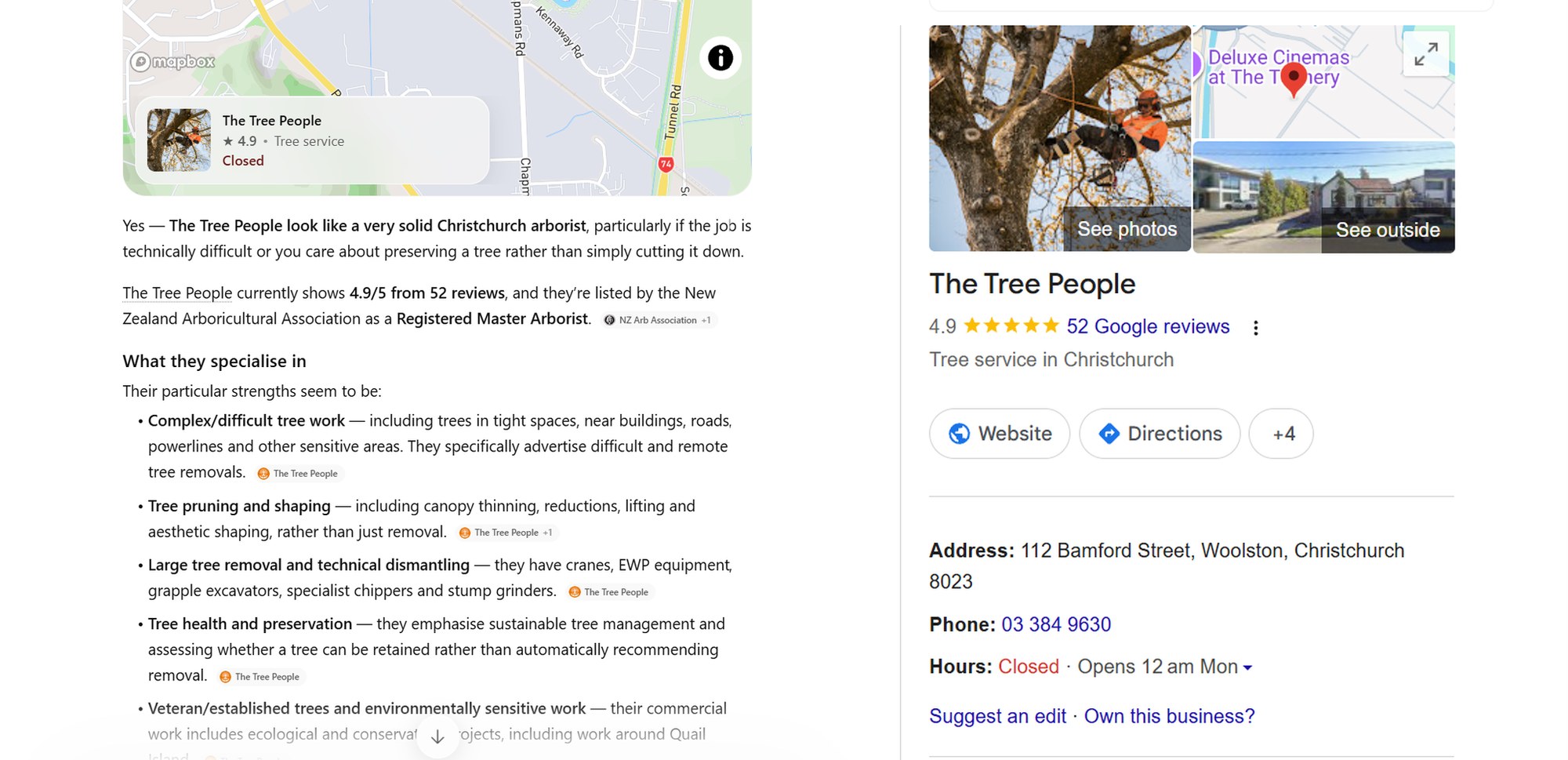 ChatGPT's answer about a Christchurch arborist showing 4.9 from 52 reviews, beside the same business's Google profile showing 4.9 from 52 Google reviews.